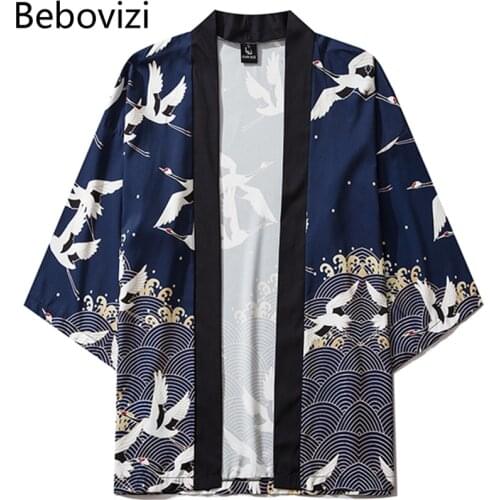 Harajuku Men Women Streetwear Summer Clothing Traditional Chinese Style Crane Print Loose Beach Yukata Japanese Kimono Jacket