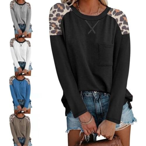 Leopard Print Women T-shirt Stitching Long Sleeve Autumn Crew Neck Pocket Pullover Top Streetwear