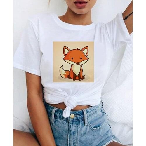 Womens T-shirt Cute Fox T-shirt Cartoon T-shirt Harajuku O-neck tops Womens Kawaii Street Summer Clothing Short Sleeve