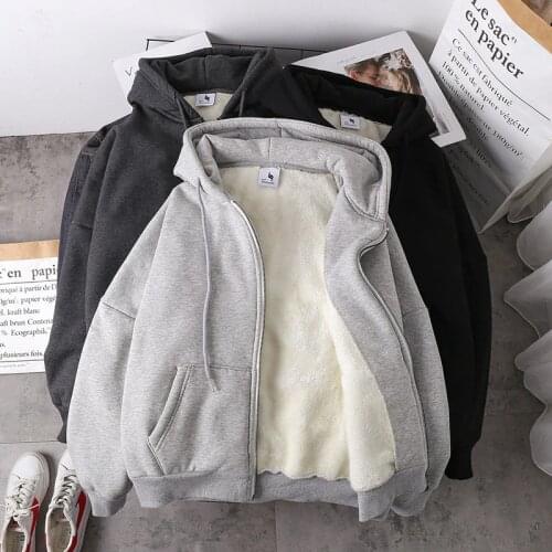 Women‘ solid color hoodies clothing 2020 winter imitation lamb wool korean loose plus velvet thick zipper sweatshirt tops Jacket