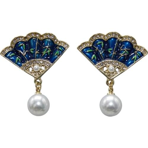Ydgy light luxury vintage enamel glaze elegant Earrings fan-shaped pearl classical art style female accessories Earrings