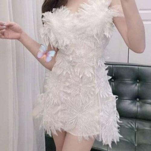 New Arrival Runway Feather Design Lace Summer Beach Holiday Party Vintage Elegant Womens Sweet Sling Dress Vestido