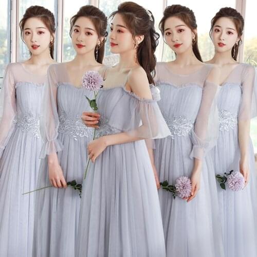 2021 Summer Women Pink Gray Long Sleeve Wedding Embroidery Floral Mesh Slim Elegant Bridesmaid Dresses 3648