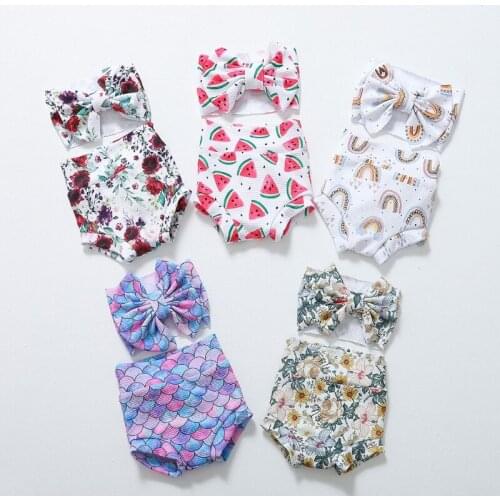 2 Pcs Baby Summer Print Shorts Headband Set Short Pants Bow Hair Band Kit for Newborn Infants Shower Gifts