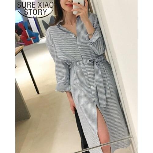2021 Spring Women Dresses Plus Size Loose Medium Length Dress Ladies' Elegant Casual Striped Shirt Dress Single Breasted 8777 50