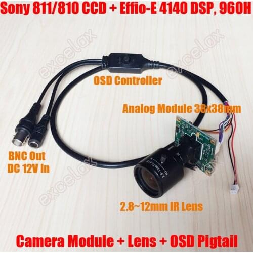 Analog 700TVL Sony 811 810 CCD Effio-E DSP 2.8-12mm Manual Varifocal Lens CCTV PCB Board Camera Module OSD Menu Control Cable