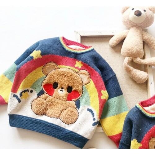 Childrens Clothing Winter New Baby Girls Boys Cartoon Thicken Sweater Cute Rainbow Stripes Bear Plus Velvet Kids Knit Sweaters