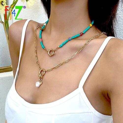 F.J4Z 2layers Bohemian Necklaces for Women 2021 Trend Green Beaded Cuban Chain Collar Necklaces SImulated Pearl Pendant Gifts