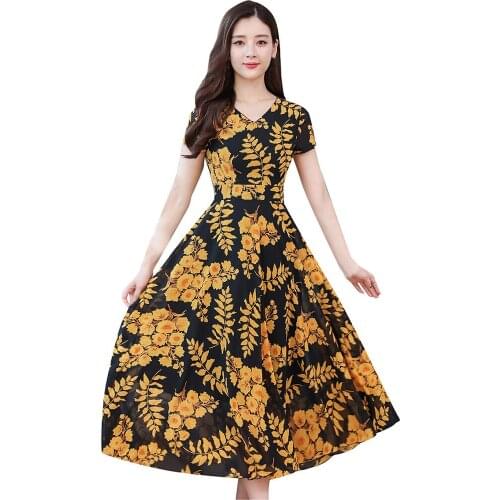 Summer Fashoin Floral Printed Short Sleeve Ankle-length Dress Ladies Feminino V-neck A-line Dresses Daily Casual Sundress Robes