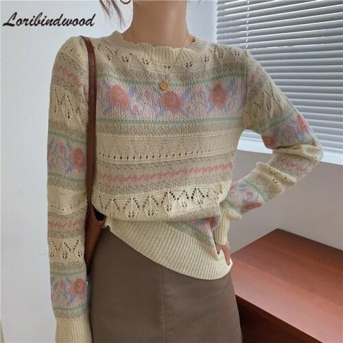 Loribindwood New 2021 Women Autumn Winter Sweater Knitted Oversized Wild Cut Out Floral Fashionable Vintage Pullovers Tops
