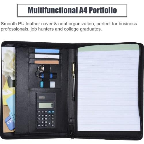 Multifunctional Professional Business Portfolio Padfolio Folder Document Case Organizer A4 PU Leather Zippered Closure