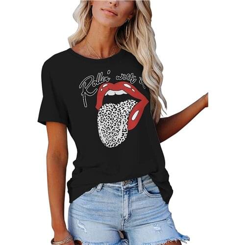 CARNEY Summer Fashion Lips Leopard Graphic T Shirt Women Tops Base O-Neck Leopard Lip Funny Girls Tshirt