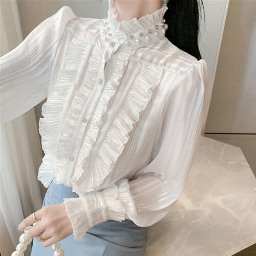Fashion White Women Shirts Summer New 2021 Ruffles Long-Sleeved Office Lady Elegant All Match Female Outwear Tops
