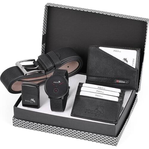 Mens Wristwatch Clock Belt Wallet Lighter Card Wallet Men Set Kombin