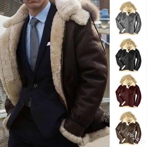 European And American Style Mens PU Leather Hooded Fur Collar Vintage Solid Warm Winter Oudoor Wind-proof Male Thicken Coat
