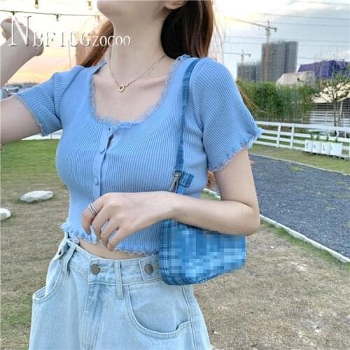 Sexy Short Style Knitting Women Blouse Short Sleeve Single Breasted Female Blouses