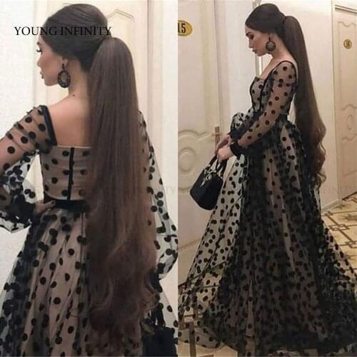 On Sale A Line Black Dotted Tulle Prom Dresses Sheer Puff Long Sleeves Strapless Floor Length Saudi Arabia Evening Gowns Custom