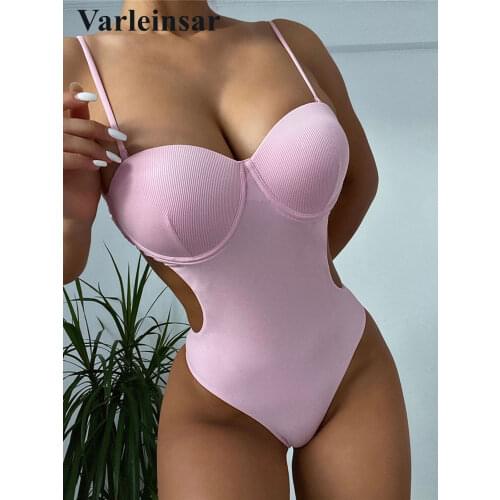 Sexy Push Up Women Swimwear One Piece Swimsuit Female Ribbed Underwired Bra Cup Bather Bathing Suit Swim Backless Monokini V3129