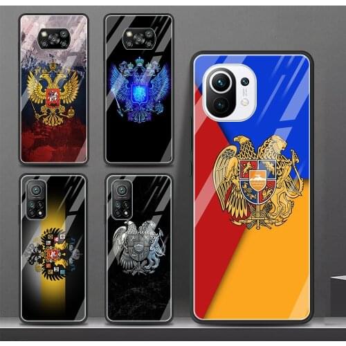 Glass Case For Xiaomi 11i 11 Ultra 10 Poco X3 F3 M2 Pro X2 F2 Mi Note 10 Cover Shell Soft Funda Russia Coat Of Arms Eagle Flag
