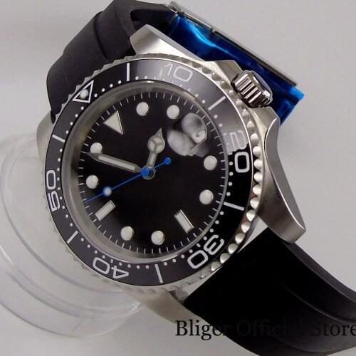 BLIGER Sterile Self Winding Men Wristwatch NH35 MIYOTA 8215 Black Dial Rubber Band Blue Second Hand Mental Screw Back
