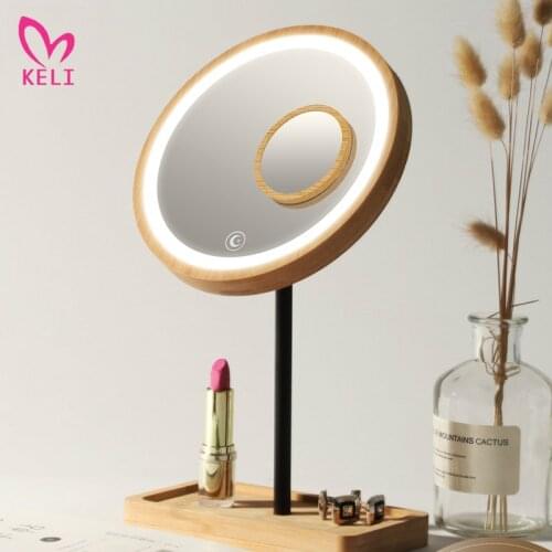 LED Wooden Desktop Makeup Mirror 3X Magnifying USB Charging Adjustable Bright Diffused Light Touch Screen Beauty Mirrors