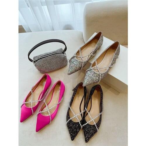 Women Luxury Rhinestone Ballet Flats Cross-Tied Slip On Flat Shoes Woman Crystal Shinning Wedding Shoes Glitter Mules