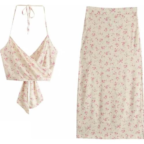 Za Women Sweet Printing Fashion Blouses Vintage Backless Thin Straps Female Shirts Chic Tops And High Waist Split Skirt