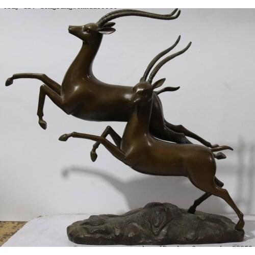 Western Bronze Auspicious Two Antelope bushbuck Oryx Statue Art Deco Sculpture