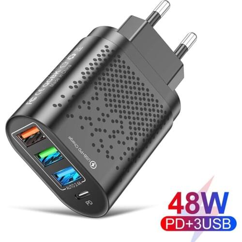 4 Port 48W QC4.0 USB Charger Type C Quick Charge QC3.0 4.0 PD USB-C Charger USB Fast Charging For iPhone Macbook Huawei P50 Pro