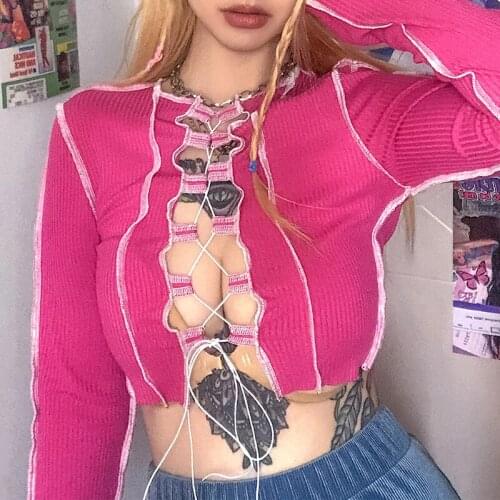 2021 Sexy Hollow Out Patchwork Bandage Tops Women Neon Color Ribbed Knitting Tee Shirt Female Autumn Spring Street Casual Wear