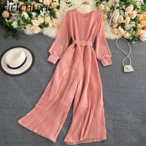 Ladies Autumn Round Neck Long Sleeve Pleated Jumpsuit Solid Color Wide Women Pants Loose Casual High Waist Bodysuit