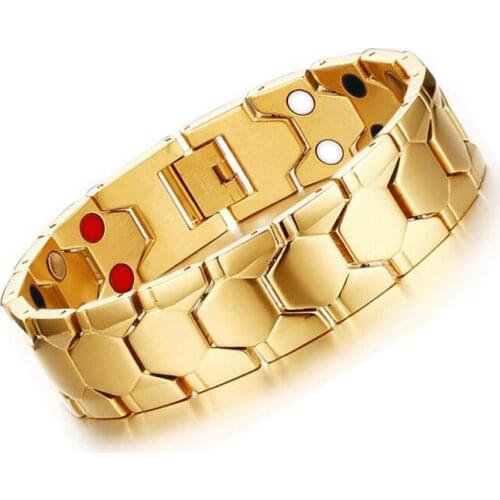 Golden Men Chain Bracelet- Titanium Stainless Steel Magnetic Bracelet with Health Care Stones -Health Energy Bracelet Bangle