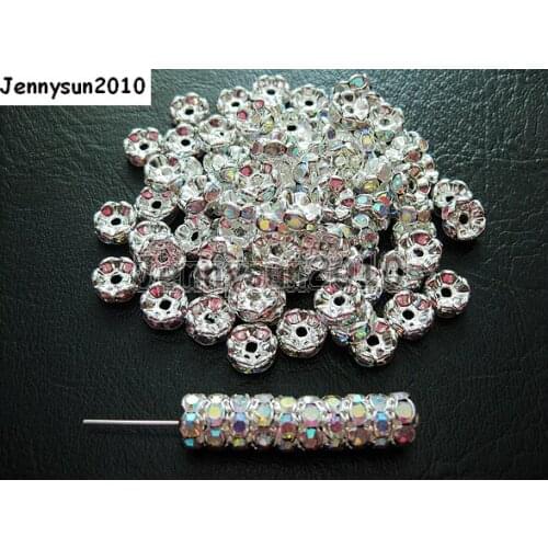 200pcs/lot 8mm Top Quality Czech Clear AB Crystal Rhinestone Pave Wavy Rondelle Metal Sliver Plated Spacer Loose Beads Jewelry