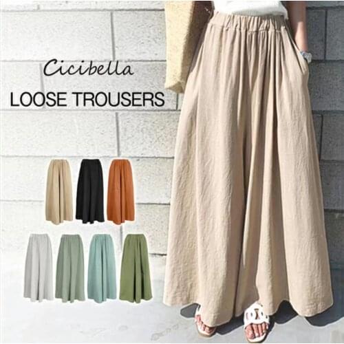 2021 Summer Womens Fashion Pure Color Cotton Wide Leg Pants Casual