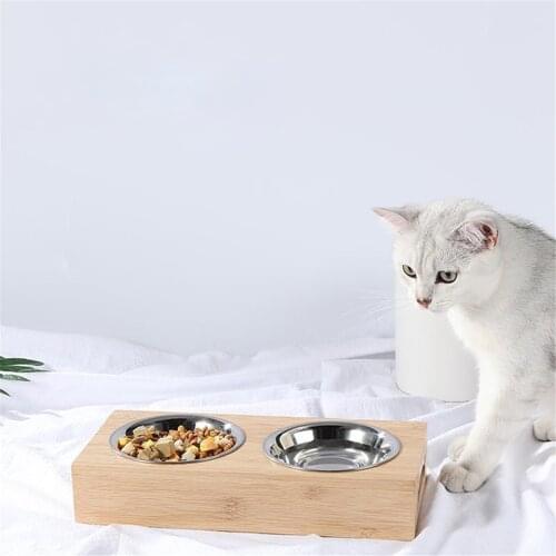 Bamboo Raised Stand Pet Bowl Stainless Steel Non-slip Cat Feeding Food Dish Dog Drinking Water Single Double Bowls Puppy Feeder
