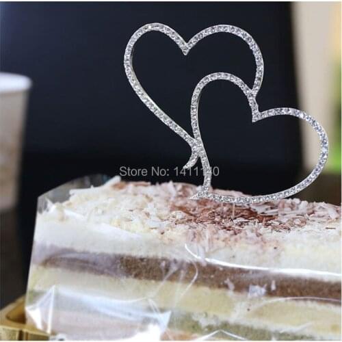 Free shipping 2pcs/lot Diamond Rhinestone Double Love Heart Cake Topper Wedding Anniversary Decoration