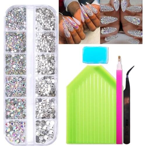 Nail Manicure Set Tweezers Plate Dotting pen Nail Rhinestone AB Clear Crystal Strass Flat Back Gems Stones Nail Decoration DIY