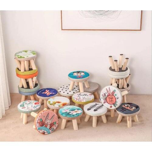 Eco-Friendly Wooden Stool Ottomans Round Fabric Footstool Chair with 4 legs Living Room Sofa chair Art Small Bench Home Furnitur