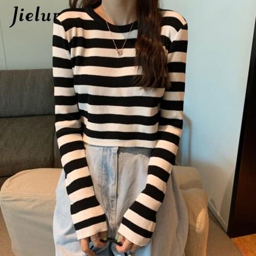 Jielur Knitted Sweaters O-neck Sweater Women Autumn Winter Stripe Pullovers Basic Primer Pull Femme Short Chic Jumper Soft Slim