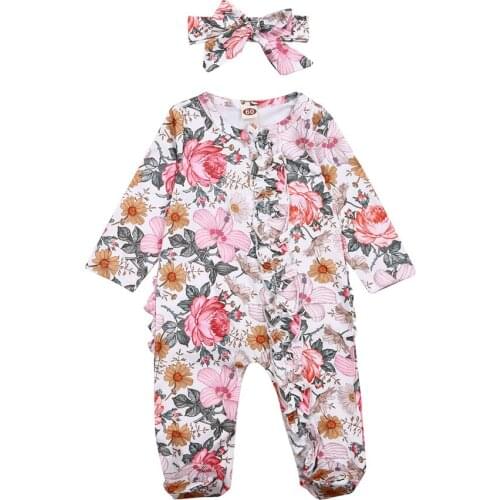 2021 Summer Newborn Rompers Baby Girls Footed Playsuit Floral Print One Piece Jumpsuit Sleeper with Headband Clothes