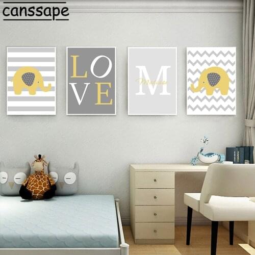 Nursery Wall Poster Custom Name Canvas Painting Yellow Elephant Prints Love Quotes Paintings Nordic Posters Baby Room Decoration