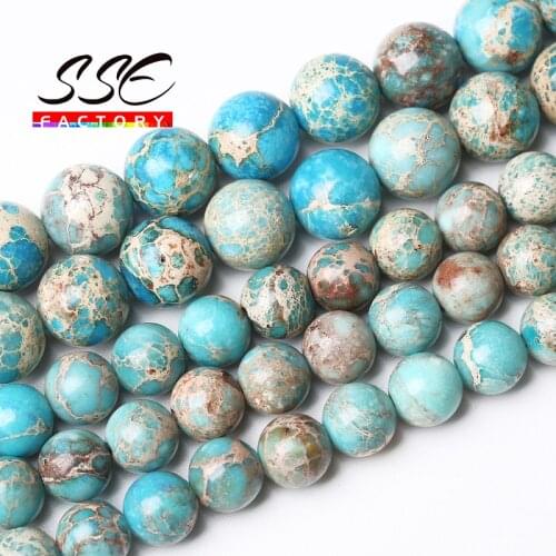 Natural Stone Lake Blue Sea Sediment Turquoises Jaspers Round Loose Beads 15" 4 6 8 10 12 MM For Jewelry Making Wholesale T29