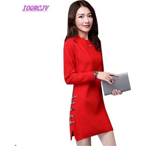 Autumn High quality Sweater Dress Slim Sexy Women Sweaters Coat Elastic Knit Casual Elegant Split Red Dresses Pullover Tops B119