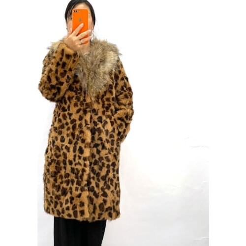 Winter Warm Women Real Rabbit Fur Coat And Fur Collar Leopard Print Craft Long Coat Fashion Slim Fit QD.YISHANG