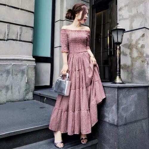 Strapless Woman Long Maxi Dress Summer High Waist Temperament Sexy Empire Short Sleeve Pendulum Party Bohemia Dress Female