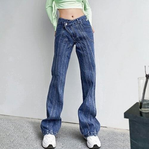 Casual Wide Leg Trousers 2021 Female Asymmetry Waist Loose Placket Multiline Jeans Women Fashion Wild Mid Waist Straight Pants
