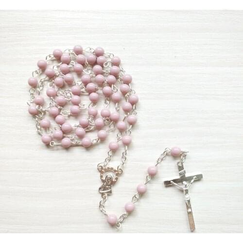 QIGO Pink Acrylic Long Cross Rosary Necklace Catholic Religious Prayer Jewelry