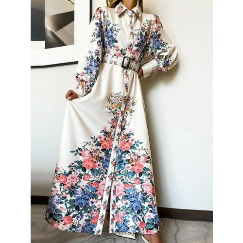 Shein Romwe 2021 Spring and Autumn New Floral Print Button Up Lantern Sleeve Belted Maxi Vestidos De Fiesta Robe Casual Dress