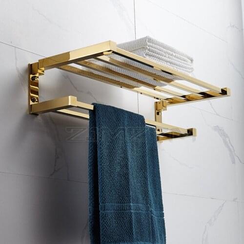 Foldable Towel Bar Holder Copper Frosted Gold Towel Shelf Double Layer Bathroom Shelf Gold Brush Brass Towel Shelf 57*24*12 CM