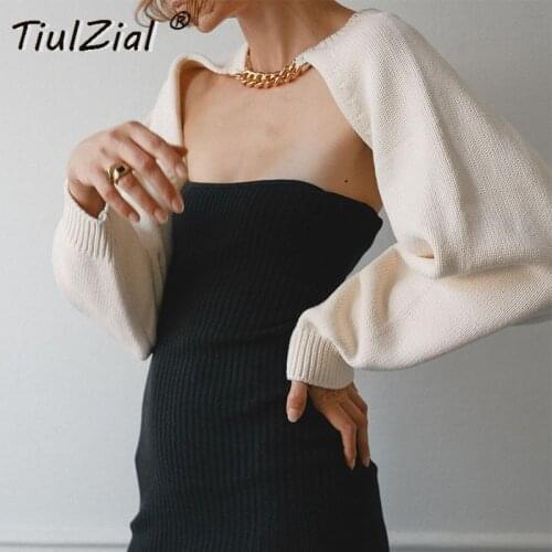 TiulZial Puff Sleeve Sweater Women Spring Loose Cropped Knitting Sweater Fashion Autumn Fall Chain O Neck Pullover Jumper Lady